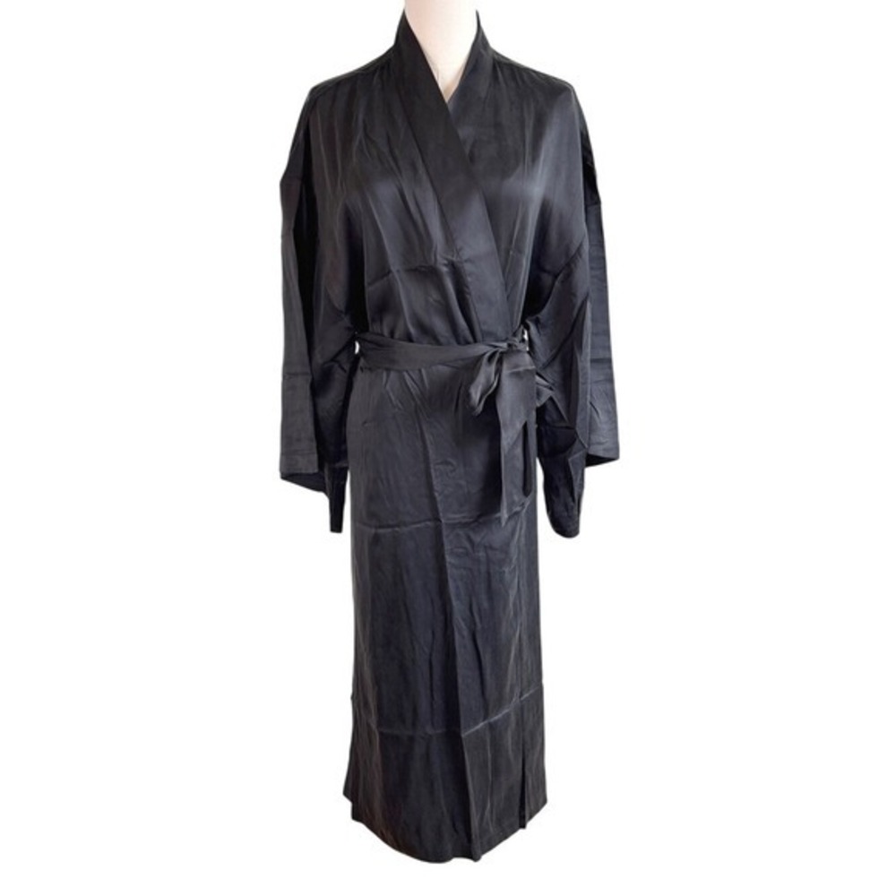 NEW Eberjey 100% Silk Inez Long Robe Black Size L Wrap Belted Kimono Consign